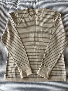 Bloomingdale's Beige Crewneck Extra Fine Merino Wool Sweater with Navy Stripes